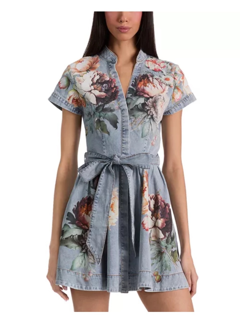 Alice + Olivia Light Blue Floral Denim Tie-Waist Mini Dress